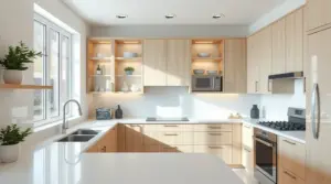 Clean modern kitchen with spotless countertops and stainless steel appliances