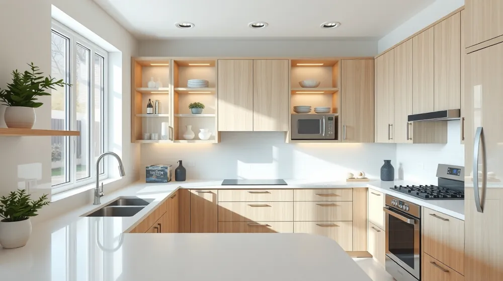 Clean modern kitchen with spotless countertops and stainless steel appliances