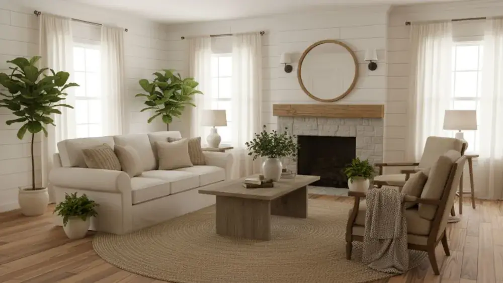 Cozy farmhouse living room with rustic wood furniture and warm neutral tones.