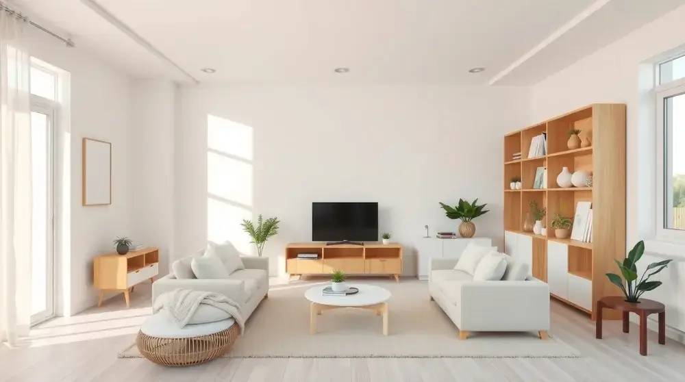 Minimalist clutter-free living room with clean, organized surfaces