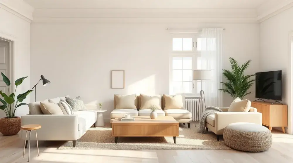 Minimalist living room with clean, clutter-free surfaces and soft natural lighting