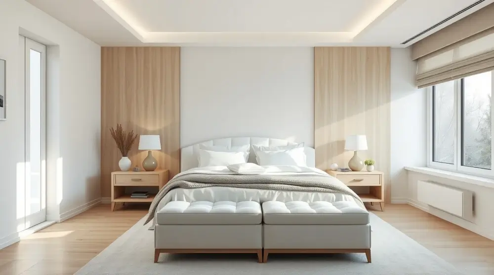 Minimalist modern bedroom with neutral tones and organized layout.