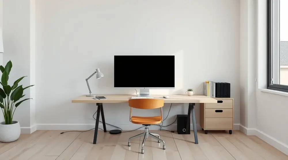 Minimalist modern home office with neutral tones and organized desk setup