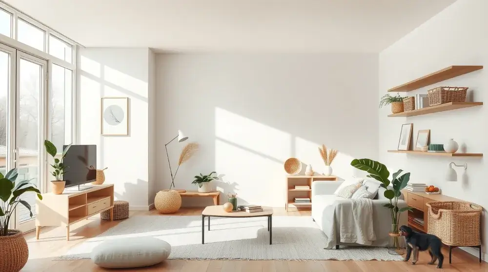 Minimalist organized living space with clean shelves and neutral decor