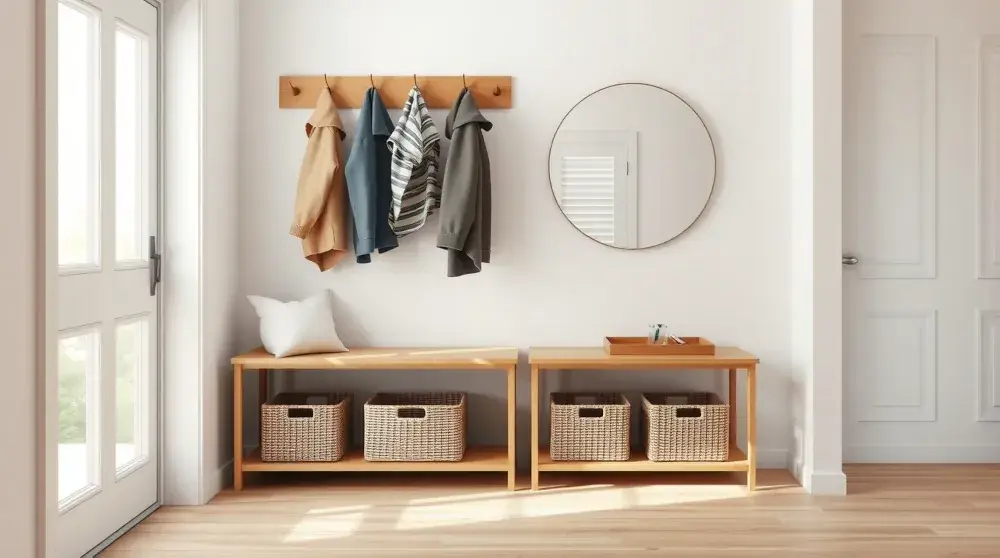 Modern organized entryway with storage bench, mirror, and baskets