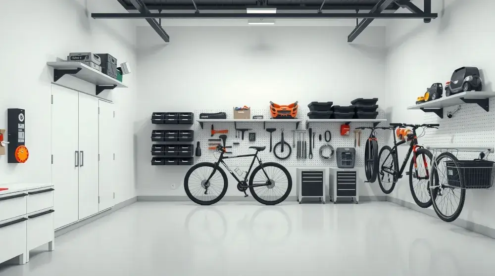 Modern organized garage with shelves, bins, and wall-mounted bikes
