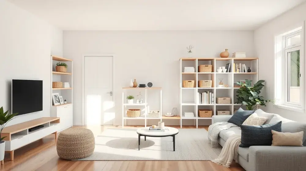 Modern organized living room with neutral tones and hidden-storage furniture.