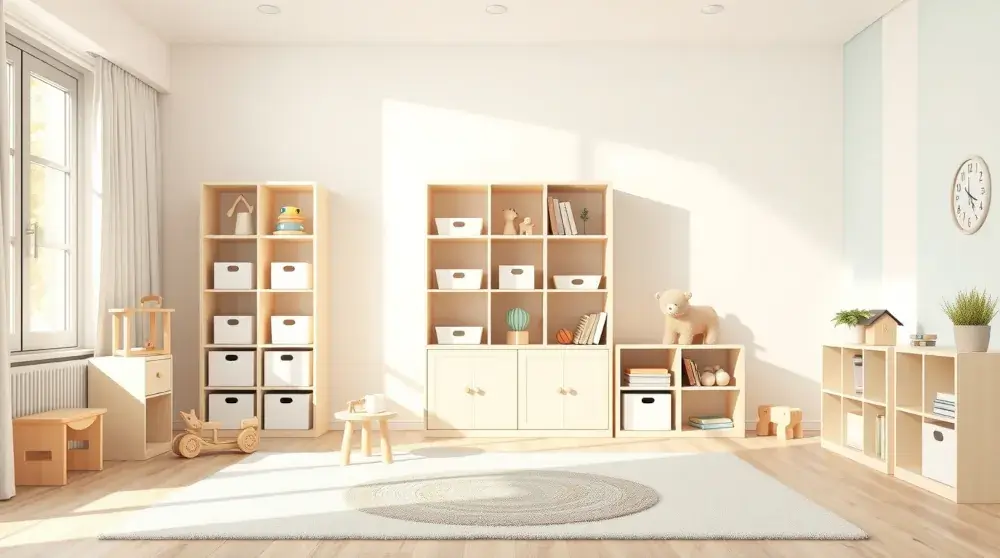 Organized kids room with cube shelves, labeled bins, and pastel accents