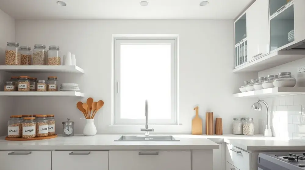 Organized modern kitchen with clear containers and clean countertops