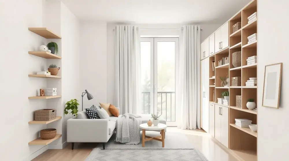 Organized small apartment with vertical shelves and hidden storage