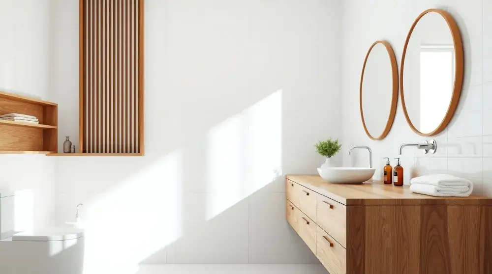 Bright minimalist bathroom with wooden vanity, white tiles, and natural light.