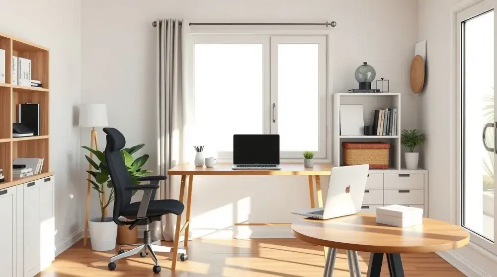 Bright minimalist home office with desk, laptop, and natural light.
