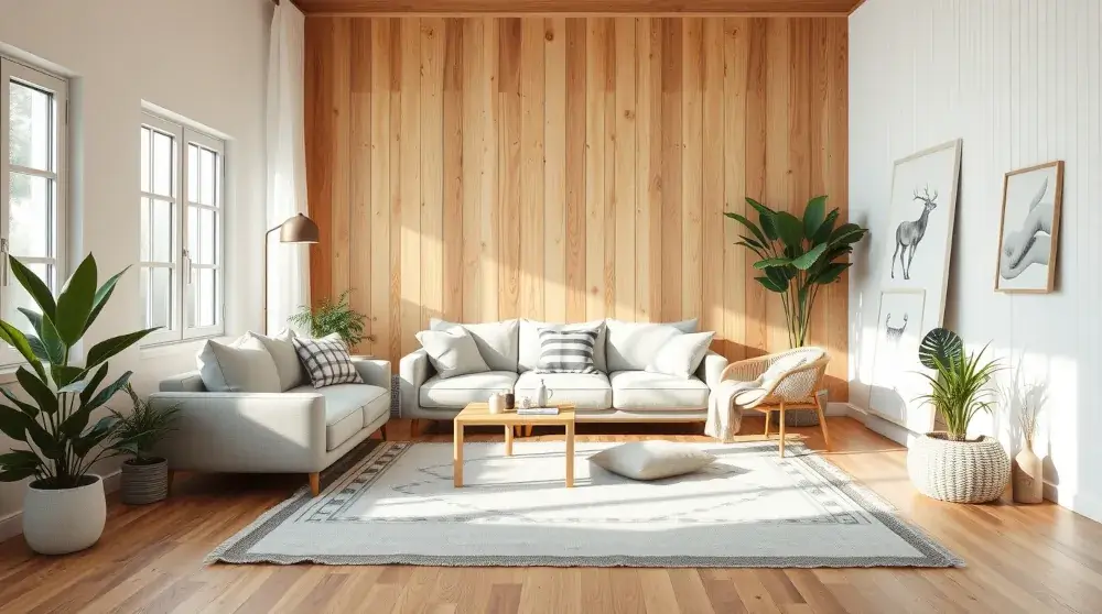 Bright cozy modern living room with neutral tones and minimalist furniture.