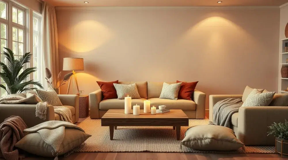 Warm cozy living room with soft textures, candles, and neutral colors.