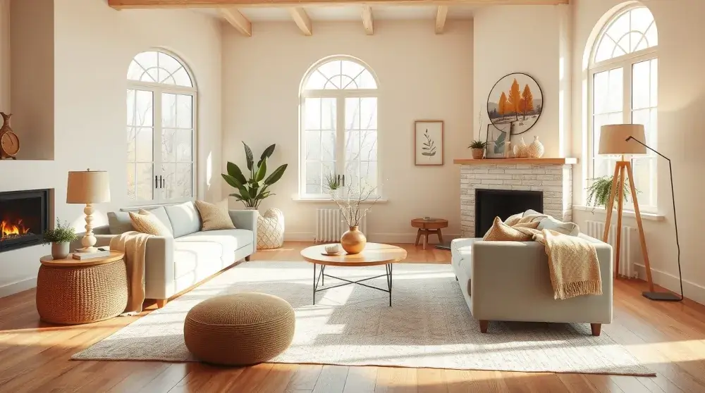 Bright cozy living room styled with seasonal decor accents.