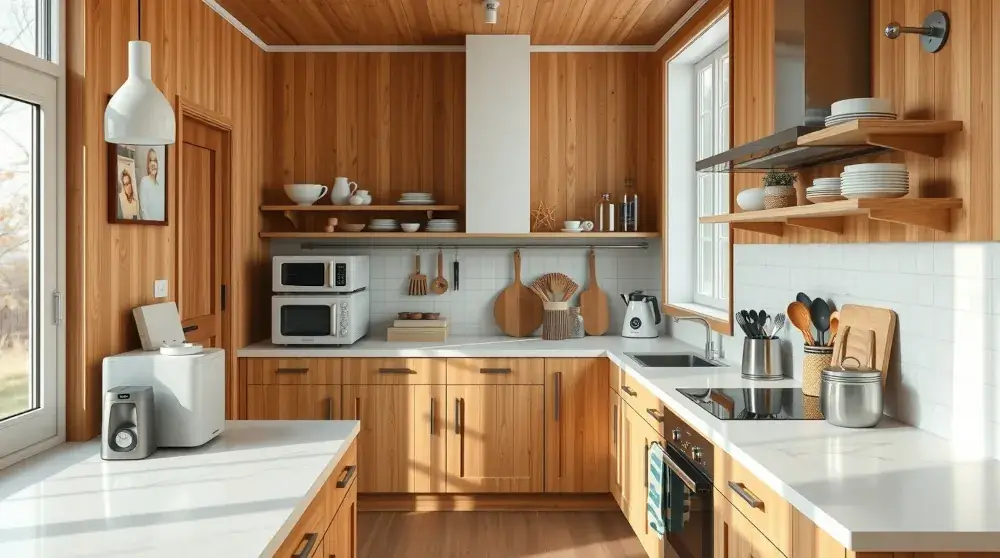 Bright cozy modern kitchen with wooden textures and minimalist layout.