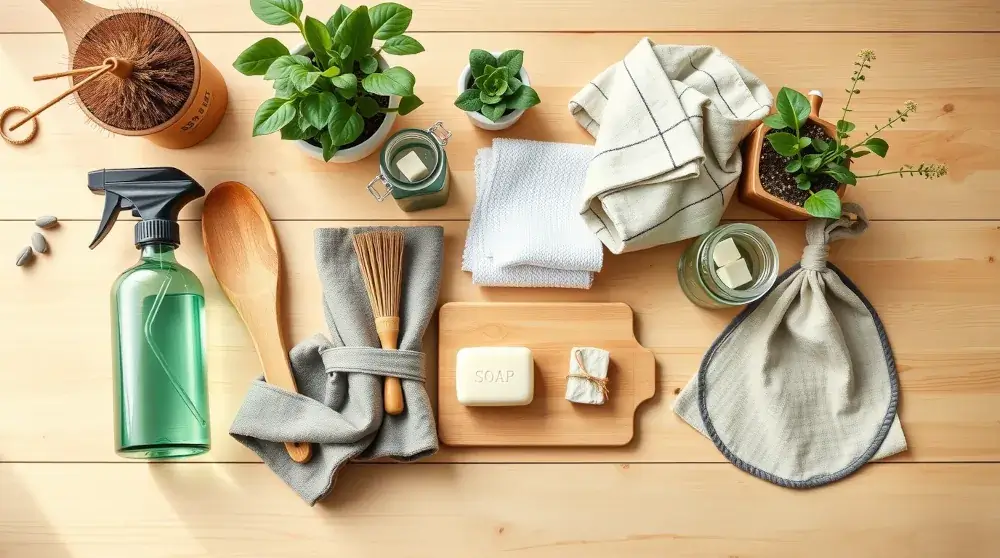 Flat-lay of eco-friendly home products arranged neatly on a wooden background.