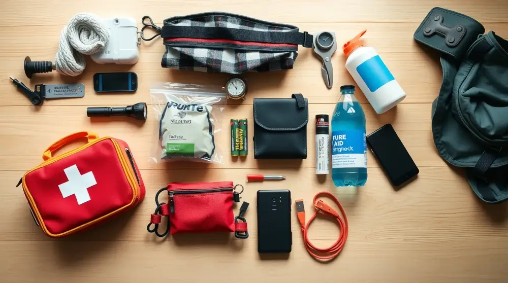 Flat-lay of home emergency kit essentials arranged neatly on a wooden surface.