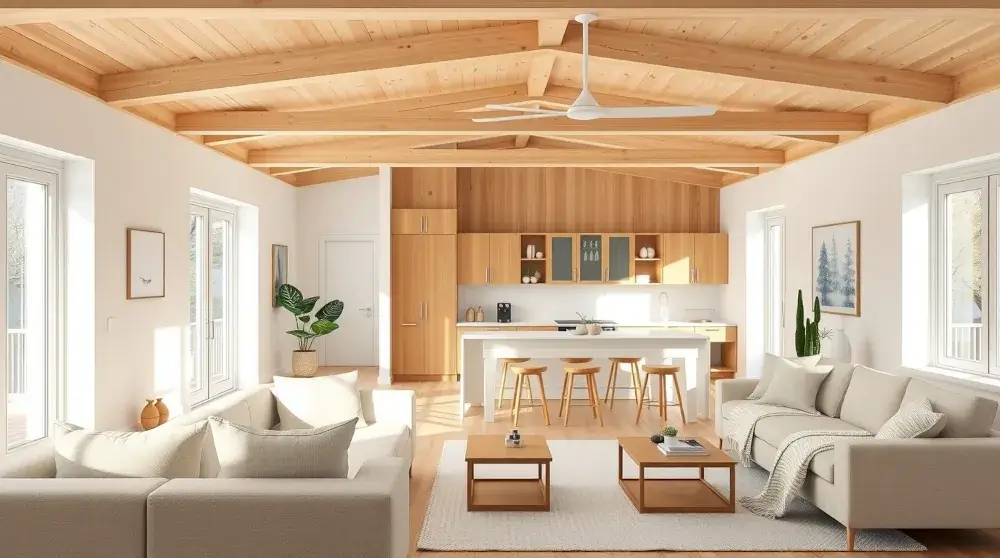 Bright modern open-concept home interior with cozy neutral design.