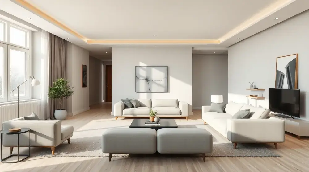 Modern minimalist living room with clean lines and warm neutral tones.