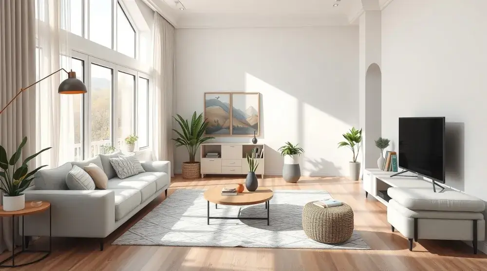 Modern cozy living room interior with soft neutral tones and natural light.