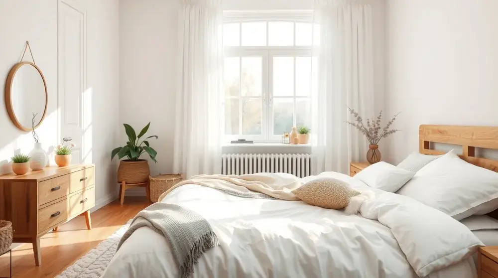 Bright cozy minimalist bedroom with natural light, soft bedding, and neutral tones.