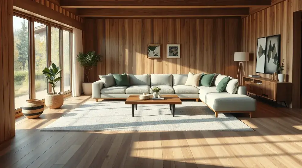 Modern cozy living room layout with sofa and rug arranged for comfort and balance.