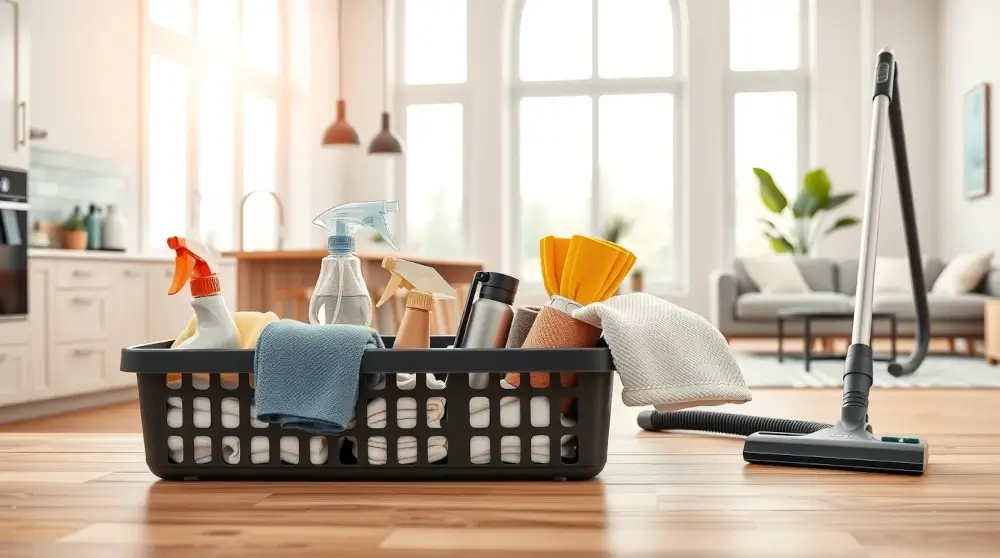 Daily cleaning essentials displayed in a bright modern home kitchen