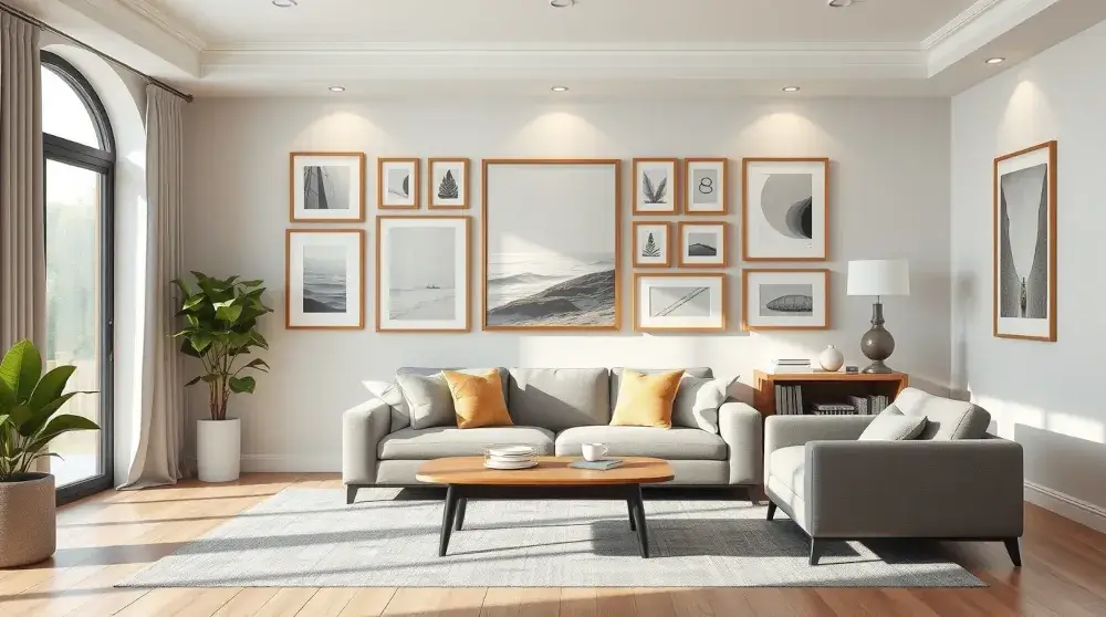 Bright modern living room with stylish gallery wall and cozy decor