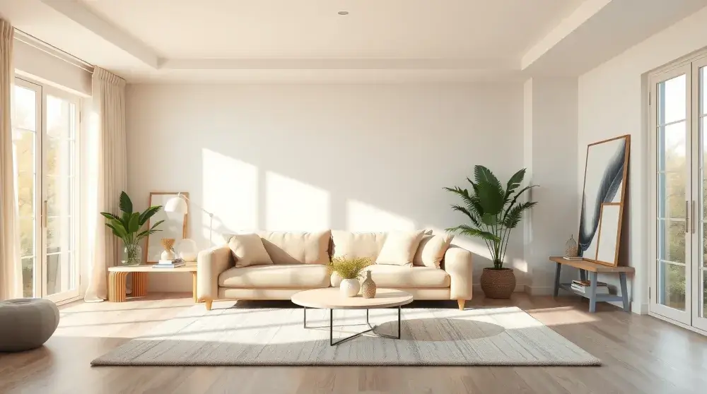 Modern cozy living room with neutral color palette and natural light.