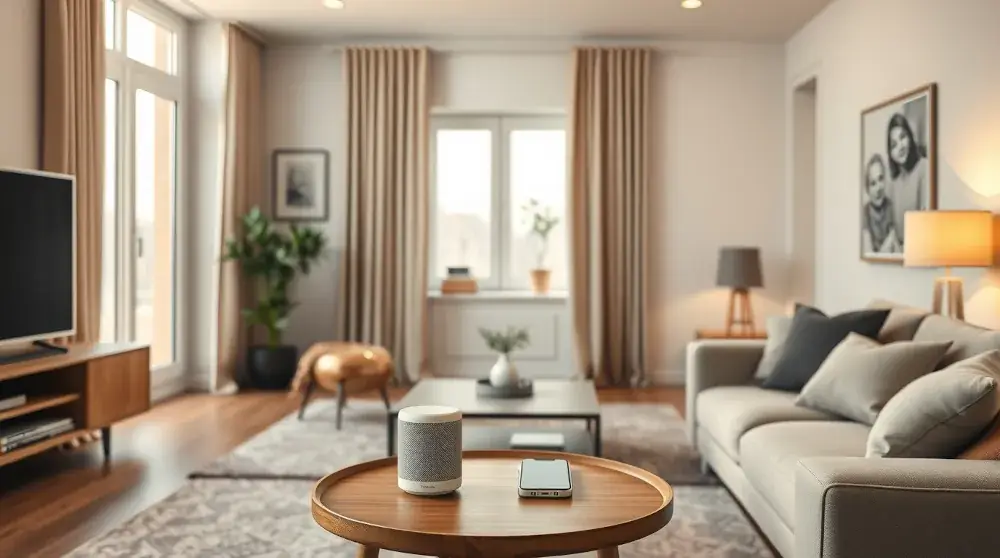 Modern living room with smart speaker and smart lighting controlled from phone.