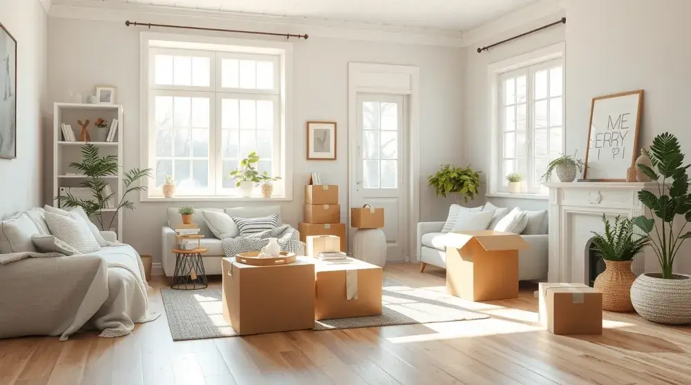 Bright cozy new home interior with unpacked boxes and warm sunlight.