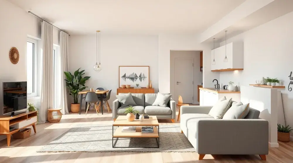 Bright small apartment interior with cozy minimalist design and open layout.