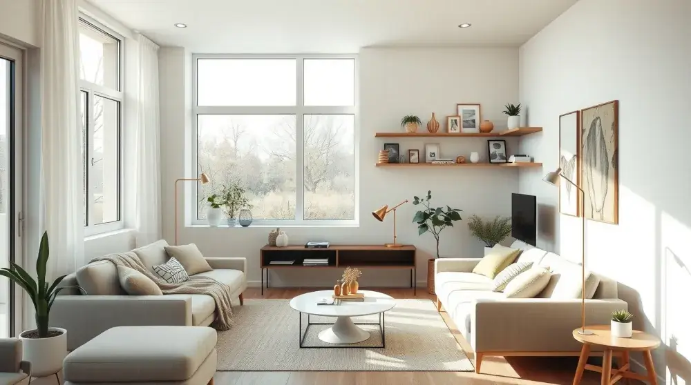 Bright modern small living room with neutral tones and space-saving furniture.