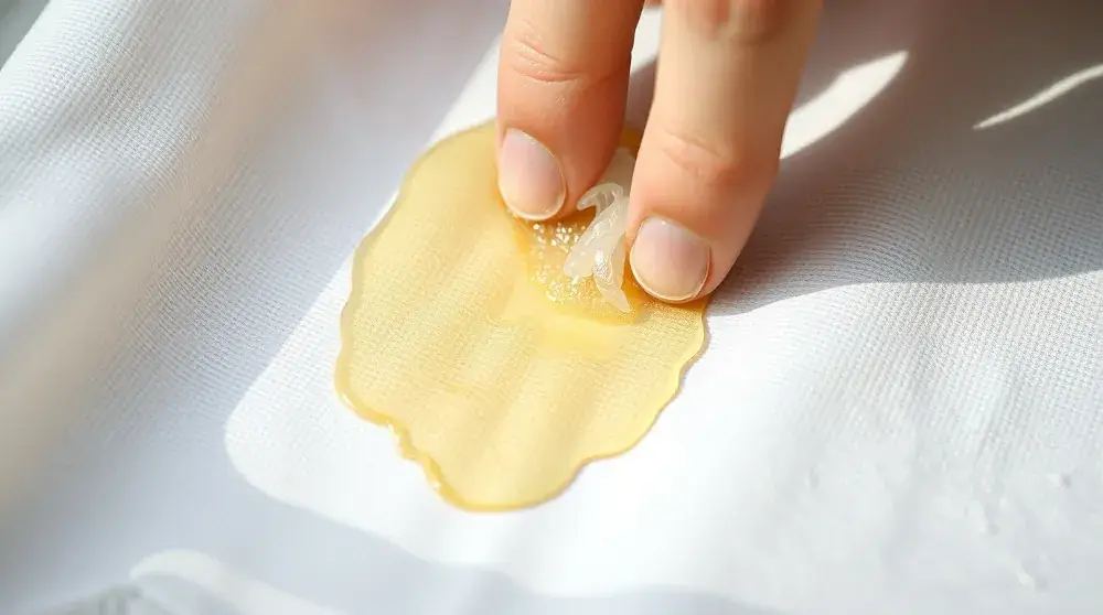 Applying dish soap to remove grease stain on fabric