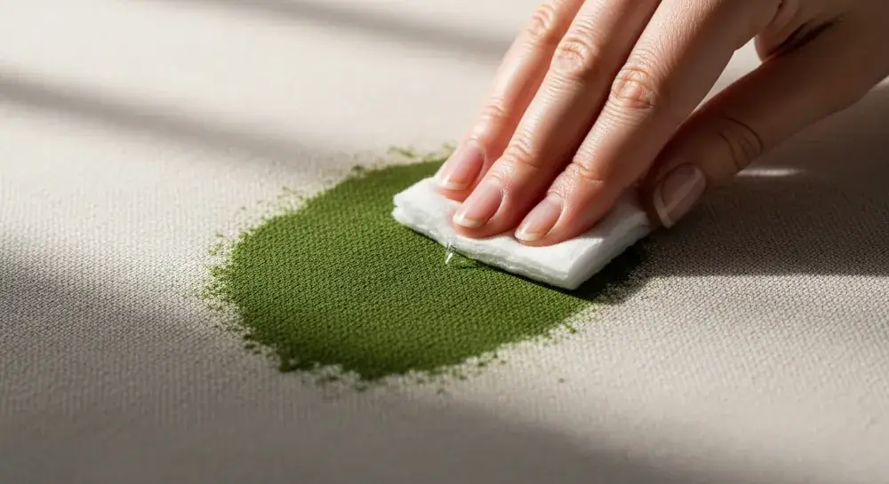 Applying rubbing alcohol to remove grass stain from fabric