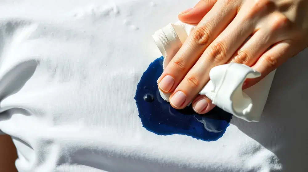 Blotting ink stain on white shirt with rubbing alcohol nearby