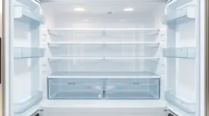 Clean and empty refrigerator interior in bright modern kitchen