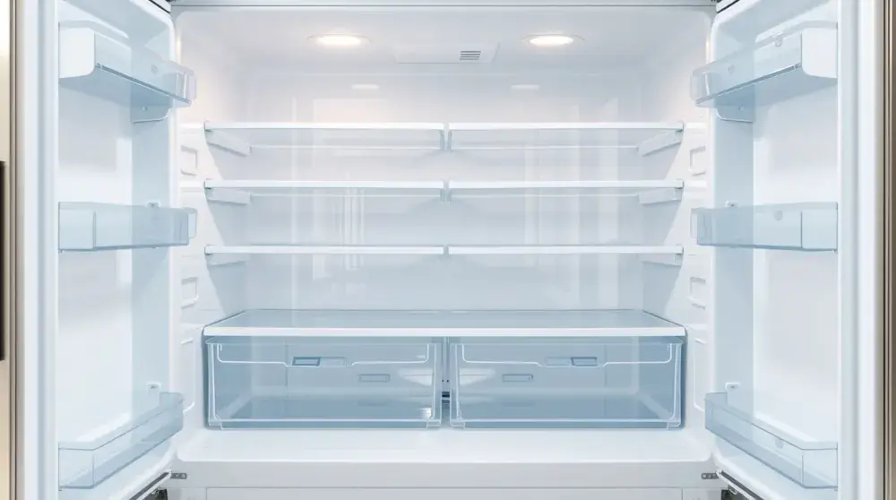 Clean and empty refrigerator interior in bright modern kitchen
