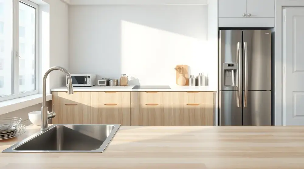Clean stainless steel sink and appliances in bright modern kitchen