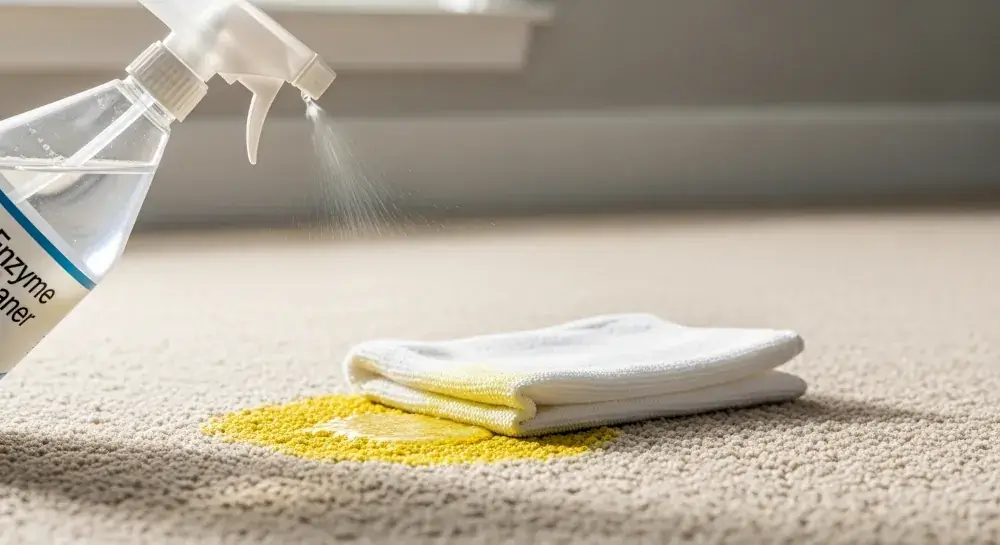 Cleaning a fresh pet urine stain on carpet with enzyme cleaner