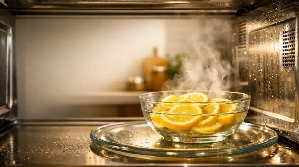 Cleaning microwave naturally without chemicals using lemon steam