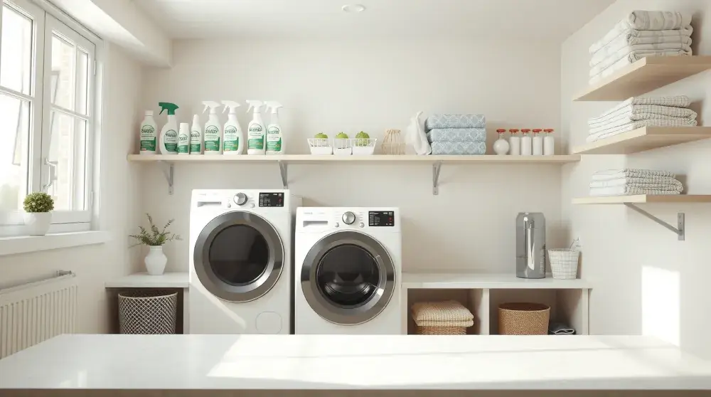 Modern laundry room with organized stain-removal supplies.