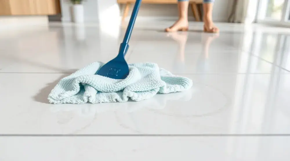 Removing sticky residue from tile floor with microfiber cloth