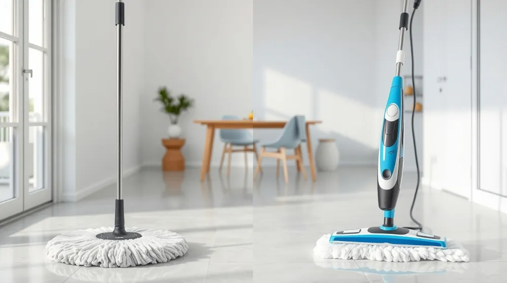 Traditional mop vs steam mop comparison on tile floor